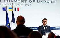 امانوئل ماکرون، رئیس جمهوری فرانسه در کنفرانس حمایت از اوکراین، پاریس ۲۰۲۴