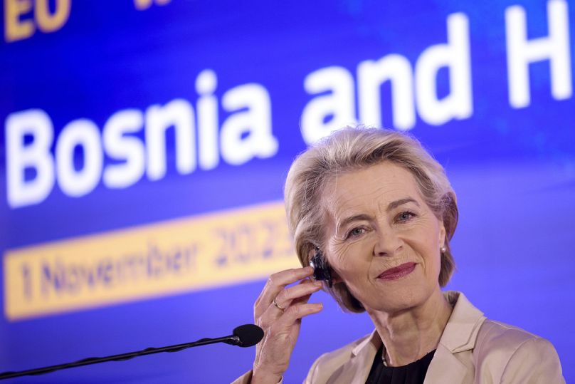 European Commission President Ursula von der Leyen adjusts her headset during a news conference in Sarajevo, November 2023