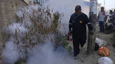 A health worker fumigates for mosquitoes to help mitigate the spread of dengue, outside a home at La Primavera shantytown in Piura, Peru, June 3, 2023.