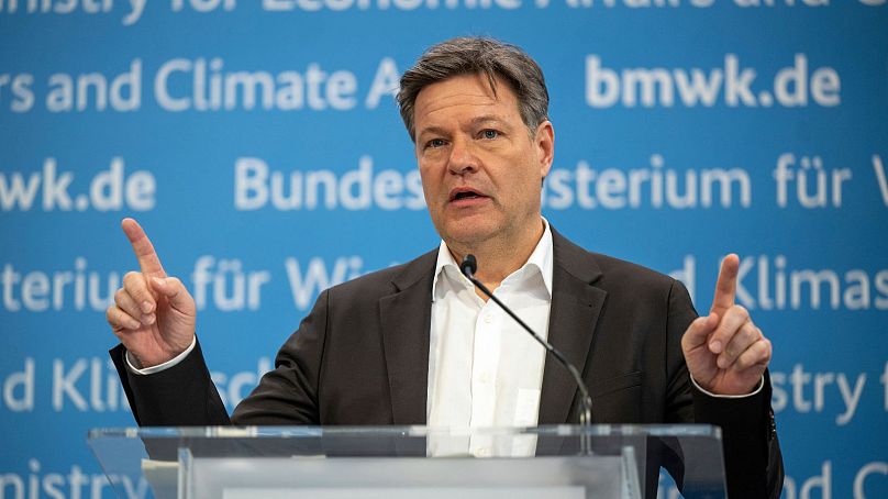 Robert Habeck, Federal Minister for Economic Affairs and Climate Protection, presents the key points of the Carbon Management Strategy at a briefing in Berlin, 26 February.