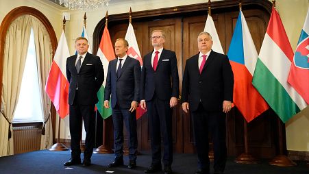 Prime Minister of Slovakia Fico, Prime Minister of Poland Tusk, Prime Minister of Czech Republic Fiala, and Prime Minister of Hungary Orban in Prague 27 February, 2024.