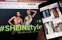 Pages from the Shein website, left, and from the Temu site, right, are shown in this photo, in New York, Friday, June 23, 2023. 