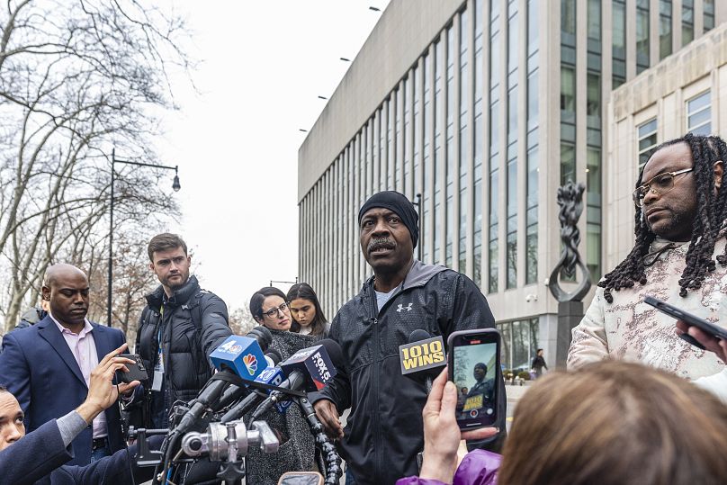 Carlis Thompson, cousin of Run-DMC star Jam Master Jay, speaks to media outside the United States Eastern District Courthouse - Tuesday 27 February 2024