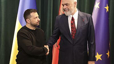 Volodimir Zelenszkij ukrán elnök és Edi Rama albán miniszterelnök találkozója Tiranában