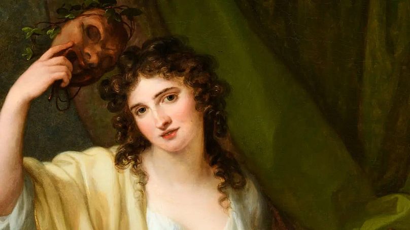 "Porträt von Emma, Lady Hamilton, als Muse der Komödie" von Angelica Kauffman, Öl auf Leinwand, 1791