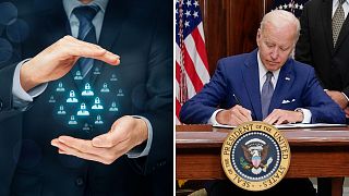 جو بایدن در حال امضای یک فرمان اجرایی (راست: آسوشیتدپرس) و یک عکس تزئینی از حفاظت داده‌های شخصی (چپ: کانوا)