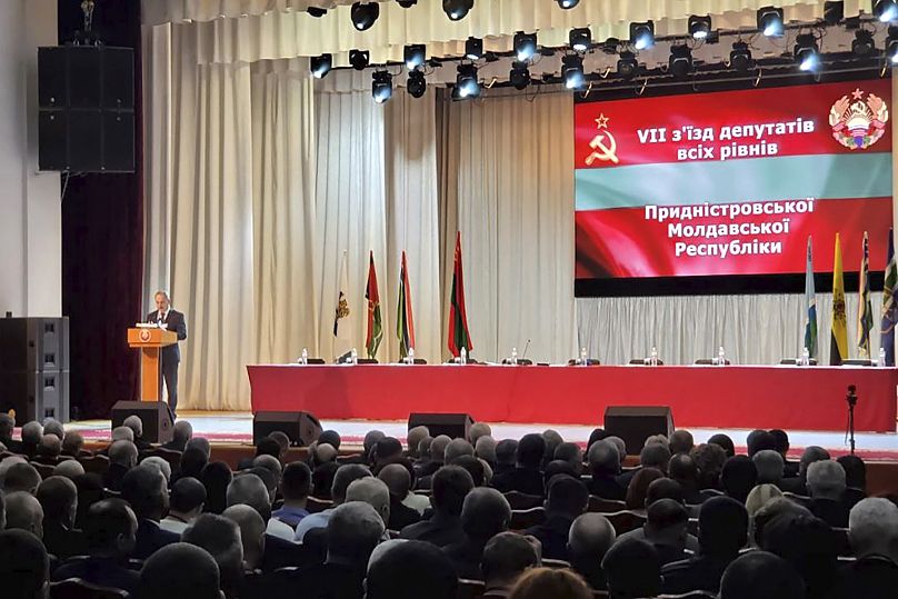 Alexander Korshunov, Chairman of the Pridnestrovian Moldavian Republic's Supreme Council, addresses an audience in Transnistria.
