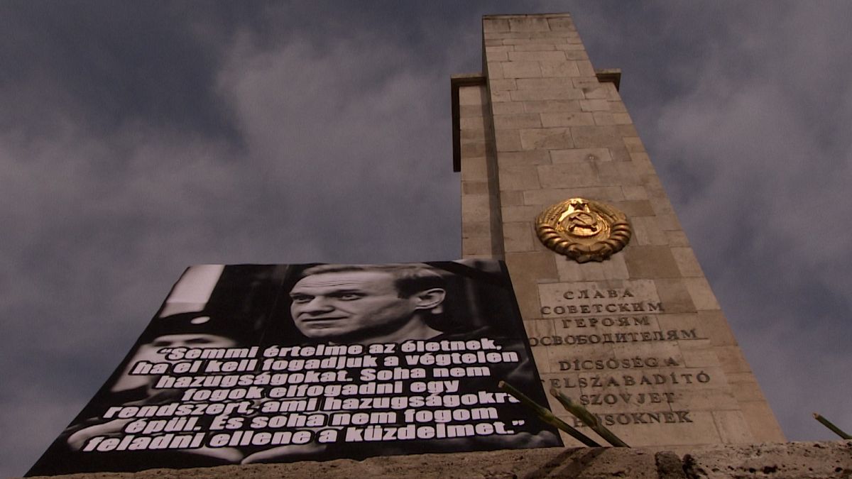 Alekszej Navalnij arcképe a szovjet emlékművön