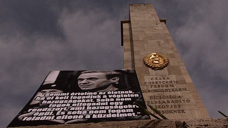 Alekszej Navalnij arcképe a szovjet emlékművön