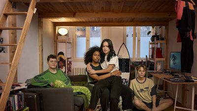 Maria Arrechea with friends, Mayuko Nicolaysen, Pau and Leno in her apartment in Berlin, Germany