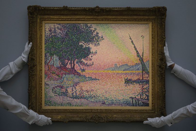 The artwork "Arbres au bord de l'eau, printemps a Giverny" by French artist Claude Monet on display during a media preview of Sotheby's Modern & Contemporary auction in London