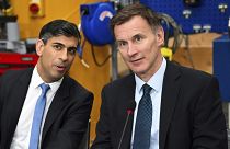 Britain's Prime Minister Rishi Sunak, left, and Britain's Chancellor of the Exchequer Jeremy Hunt in Yorkshire, England. Feb. 26, 2024. 
