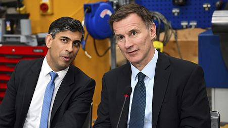 Britain's Prime Minister Rishi Sunak, left, and Britain's Chancellor of the Exchequer Jeremy Hunt in Yorkshire, England. Feb. 26, 2024. 