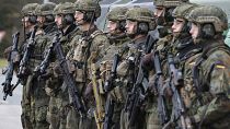 Soldiers attend training during a visit by German Defense Minister Boris Pistorius in Oberviechtach, Germany, Feb. 28, 2024.