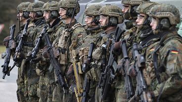 Soldiers attend training during a visit by German Defense Minister Boris Pistorius in Oberviechtach, Germany, Feb. 28, 2024.