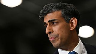 Britain's Prime Minister Rishi Sunak reacts as he speaks during an interview following a visit in the Siemens Mobility factory, in Goole on February 26.