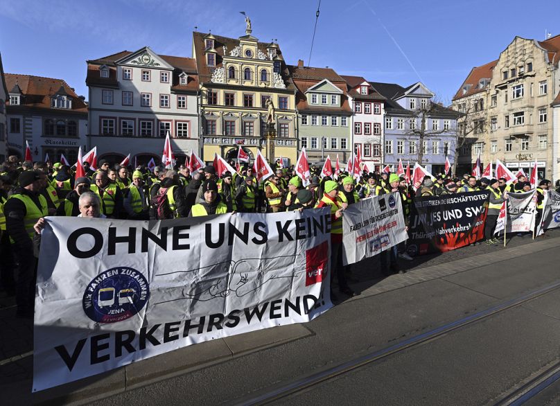 Public transport workers demonstrate through Erfurt city center, Germany, Thursday, Feb. 29, 2024