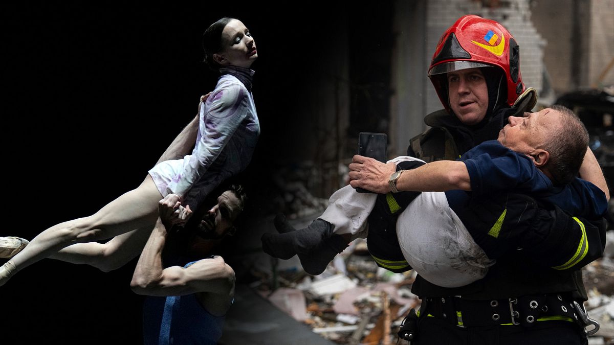 Az ukrajnai háború áldozataiért fellépő Marija Kocsetkova orosz balett-táncos, és egy orosz rakétatámadás áldozatát mentő ukrán tűzoltó
