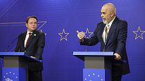 Albania's Prime Minister Edi Rama, right, makes statements with European Commissioner for Neighbourhood and Enlargement Oliver Varhelyi