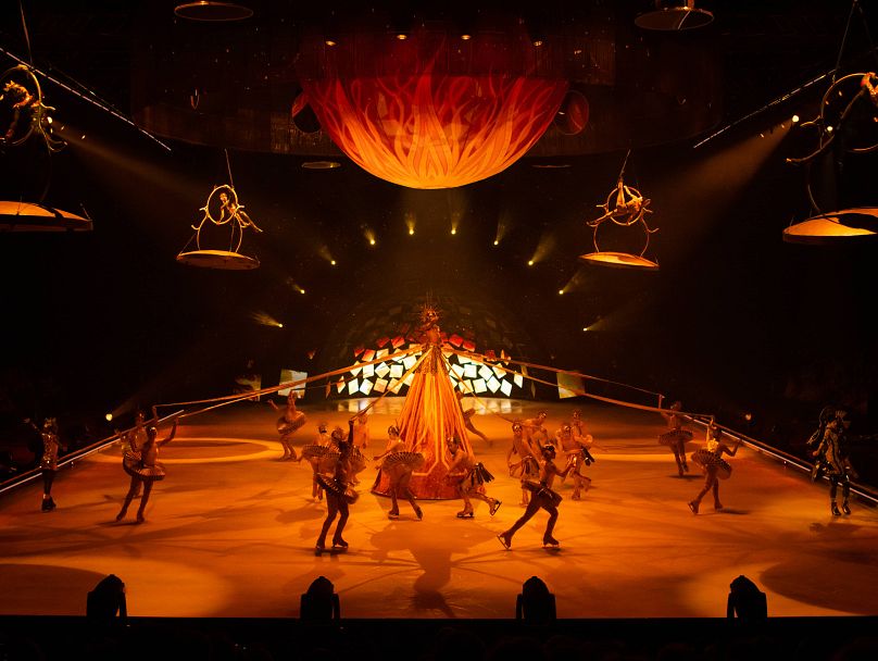 The glorious final scene before intermission features a sun god character on a scaffolding that had to be rolled onto the ice.