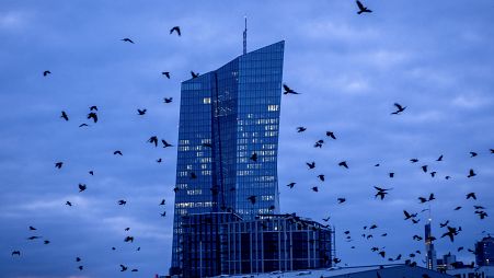Crows fly in front of the European Central Bank in Frankfurt, Germany, on Feb. 26, 2024.