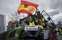 Farmers rally towards the European Parliament offices in Madrid, Spain, Monday, Feb. 26, 2024. 