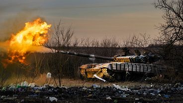A Ukrainian tank of the 17th Tank Brigade fires at Russian positions in Chasiv Yar, the site of fierce battles with the Russian troops in the Donetsk region on Feb. 29.