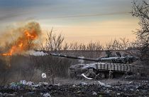 A Ukrainian tank fires at the Russian positions in Chasiv Yar, the site of fierce battles with the Russian troops in the Donetsk region, Ukraine, Feb. 29, 2024.