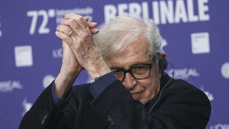 Paolo Taviani salutes the assembled journalists at the press conference for the film 'Leonora Addio' during the Berlinale - 2022