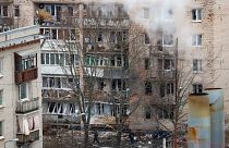 A view of a damaged apartment's building after a reported drone attack in St. Petersburg, Russia, Saturday, March 2, 2024.