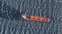 This satellite image taken by Maxar Technologies shows the Belize-flagged ship Rubymar in the Red Sea on Friday, March 1, 2024.