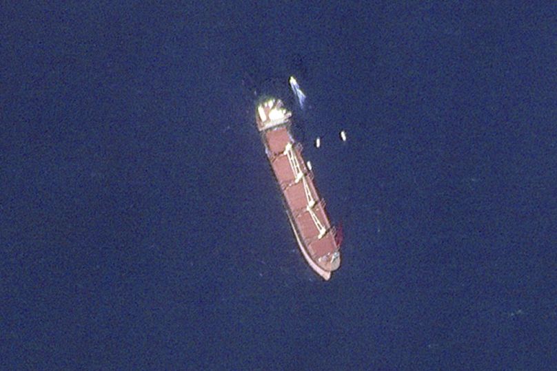 This satellite image taken by Planet Labs PBC shows the Belize-flagged ship Rubymar in the Red Sea on Wednesday, Feb. 28, 2024.