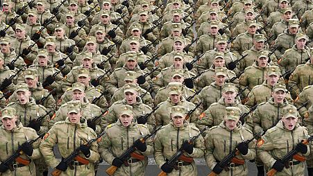 Troops march during a rehearsal for the Victory Day in St. Petersburg, Russia, Thursday, May 5, 2022. 