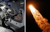 طلق القائد ماثيو دومينيك، أسفل اليمين، والطيار مايكل بارات نحو محطة الفضاء الدولية في كبسولة SpaceX