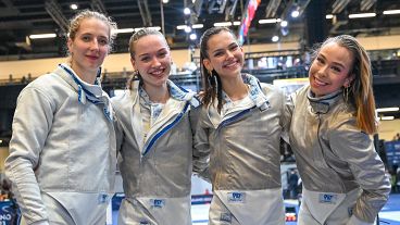 A tavalyi világbajnokságon győztes, Márton Anna, Battai Sugár Katinka, Szűcs Luca, Pusztai Liza (balról jobbra) összeállítású női kardcsapat az elődöntő után, 2023.07.30-án.