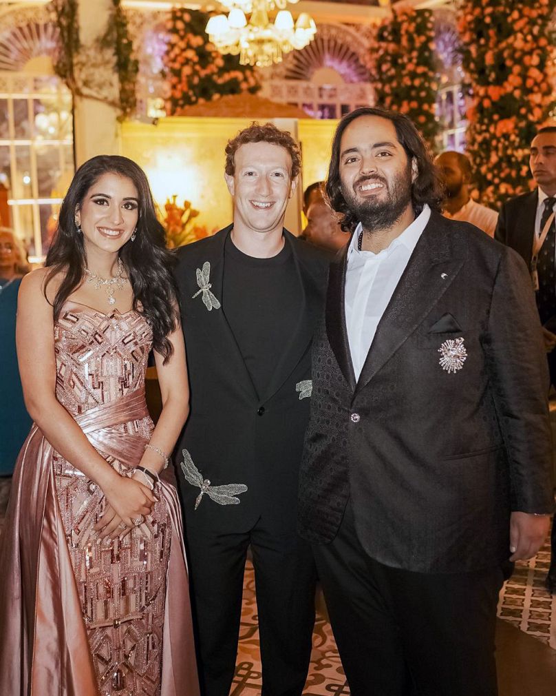 Mark Zuckerberg with billionaire industrialist Mukesh Ambani's son Anant Ambani, right, and Radhika Merchant at their pre-wedding bash.