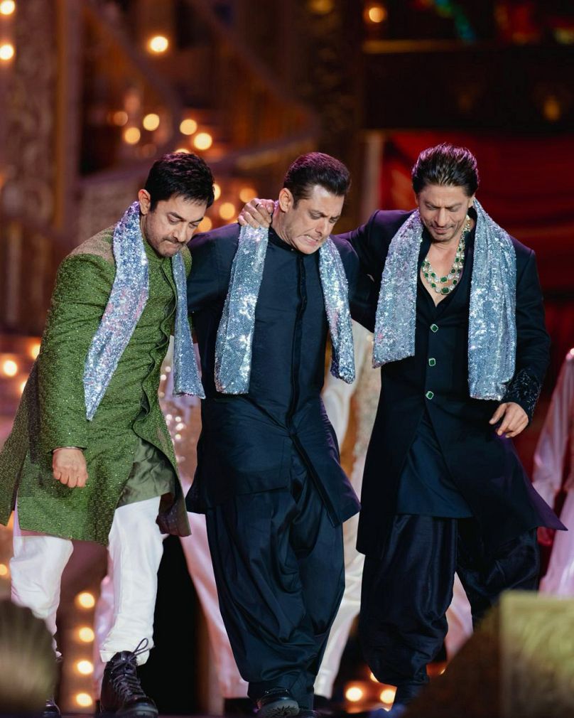 Bollywood stars Amir Khan, Salman Khan and Shah Rukh Khan performing at a pre-wedding bash of billionaire industrialist Mukesh Ambani's son Anant Ambani in Jamnagar, India.