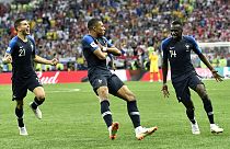 France's Kylian Mbappé celebrates after scoring his side's fourth goal during the final match between France and Croatia at the World Cup in Moscow, Russia, 15 July 2018