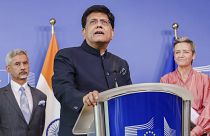 India's Commerce and Industry Minister Piyush Goyal during a press conference at EU headquarters in Brussels, May2023.