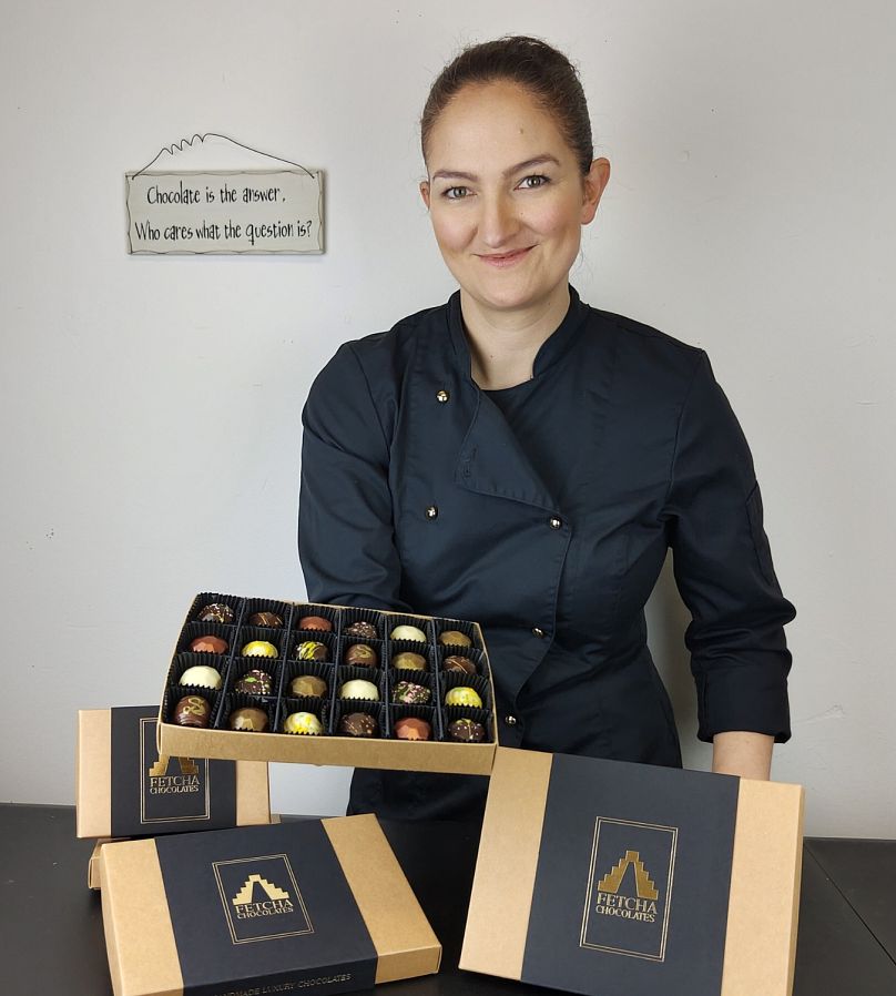 Fiona McArthur with her Oscars-themed chocolate box, which will be given to nominees at the Academy Awards on 10 March.