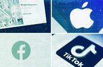 Logos of X, formerly known as Twitter, top left; Apple, top right; Facebook, bottom left; and TikTok, bottom right