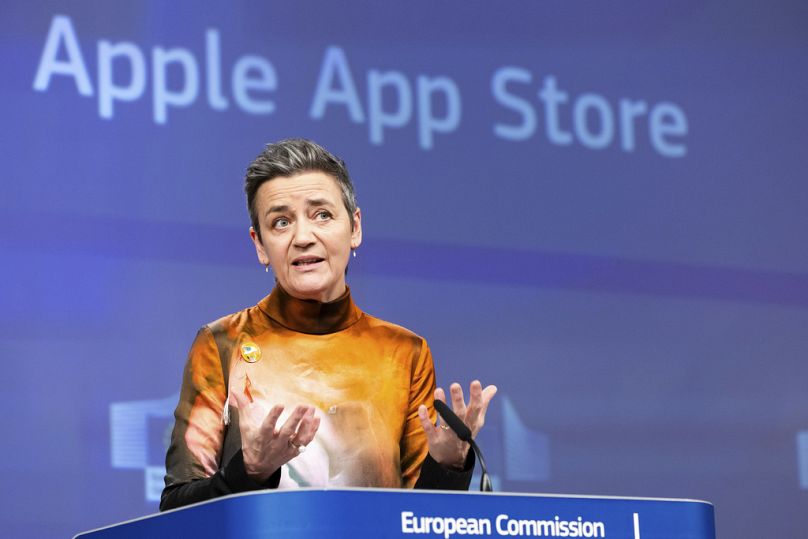 EU Commission vice president Margrethe Vestager addresses the media on Apple Music streaming services at EU headquarters in Brussels, March 2024