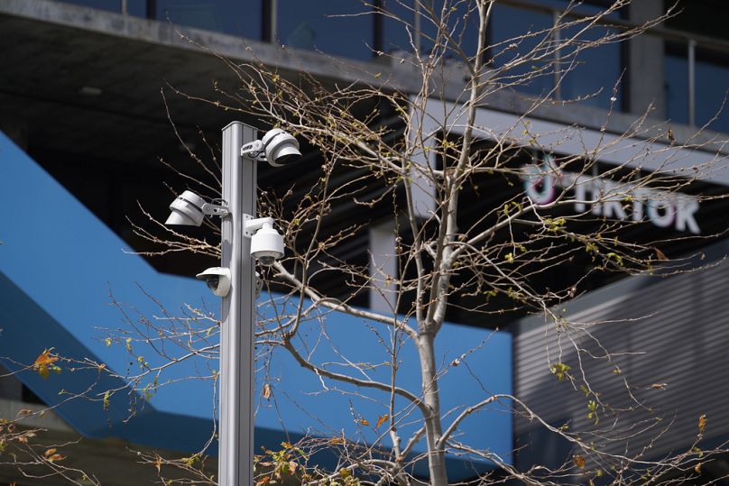Security cameras are seen at the TikTok Inc. building in Culver City, CA, March 2023