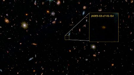 False-colour JWST image of a small fraction of the GOODS South field, with JADES-GS-z7-01-QU highlighted. 