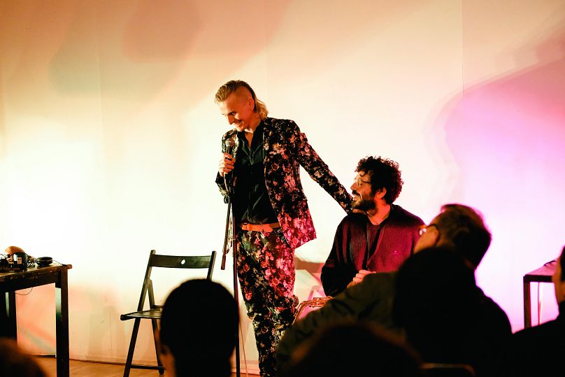 English poet Steven J Fowler performing at the European Poetry Festival.