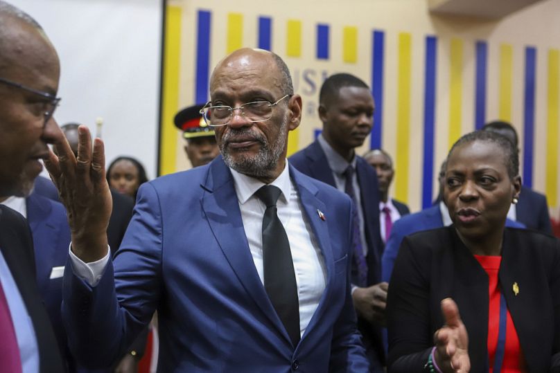 Haiti's Prime Minister Ariel Henry after giving a public lecture at the United States International University in Nairobi, Kenya.