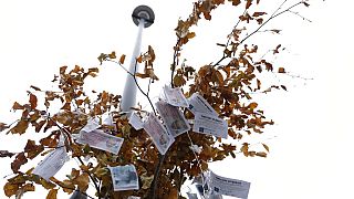 Fake 350 million pound notes hang from a "Magic Money Tree" outside the Houses of Parliament in London Tuesday, Jan. 7, 2020
