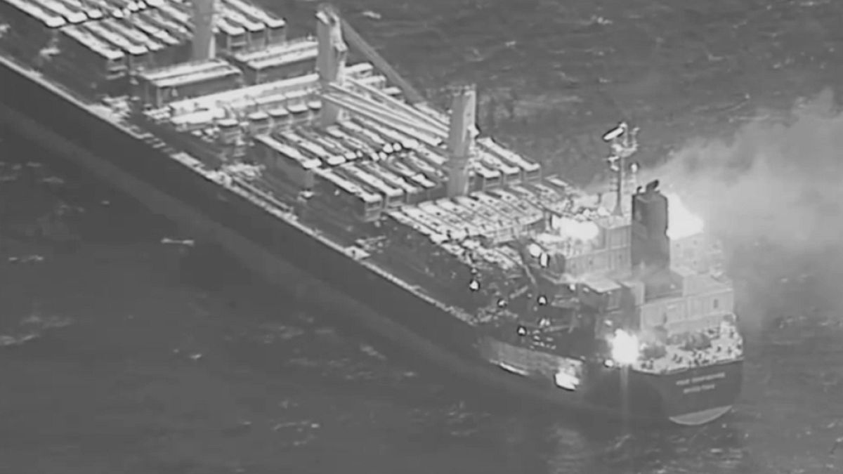 Image released by the US military's Central Command shows fire aboard bulk carrier True Confidence after a Houthi rebels missile attack in the Gulf of Aden on 6 March 2024.
