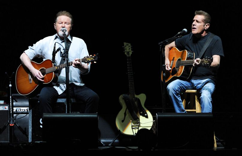Musicians Don Henley, left, and Glenn Frey of the Eagles perform at Madison Square Garden on 8 November 2013
