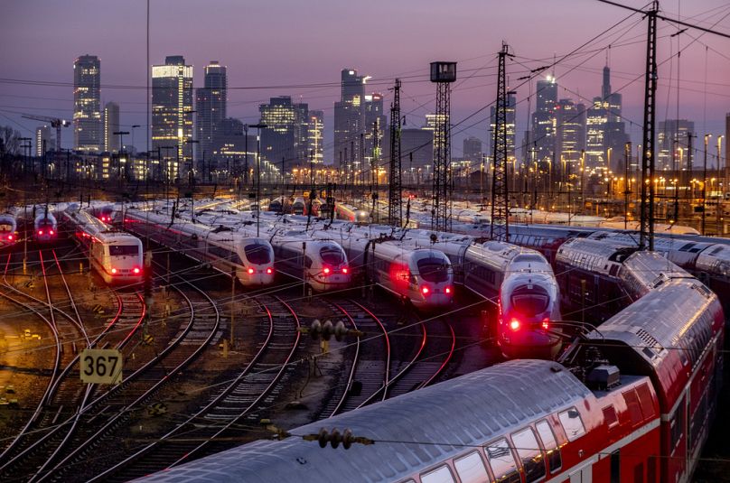 Trains are parked outside the main train station in Frankfurt, Germany as part of last week's strikes